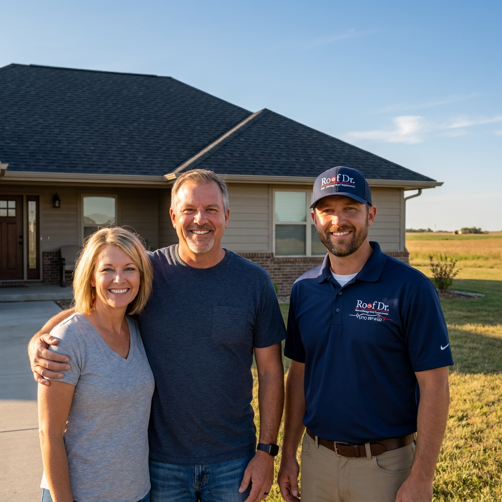 Happy Wichita homeowners with Roof Dr rep after new roof installation